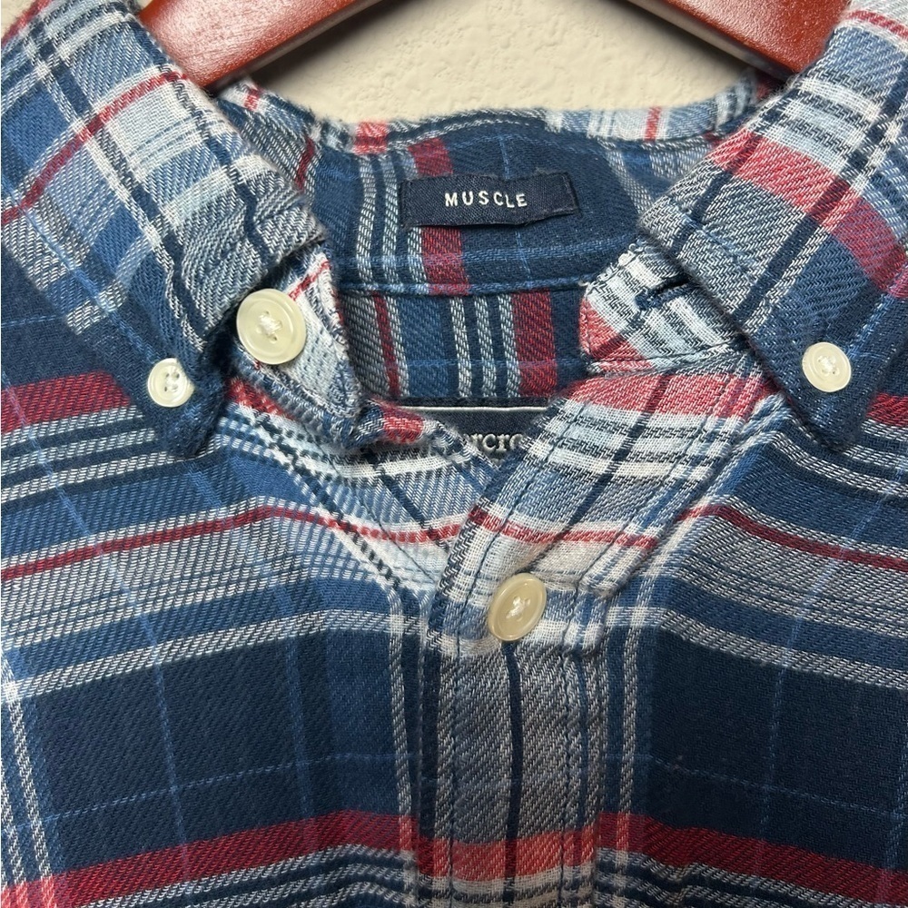 Abercrombie & Fitch Men’s XS Muscle Flannel Y2K Blue/Red Plaid Soft Button Up - Picture 3 of 15